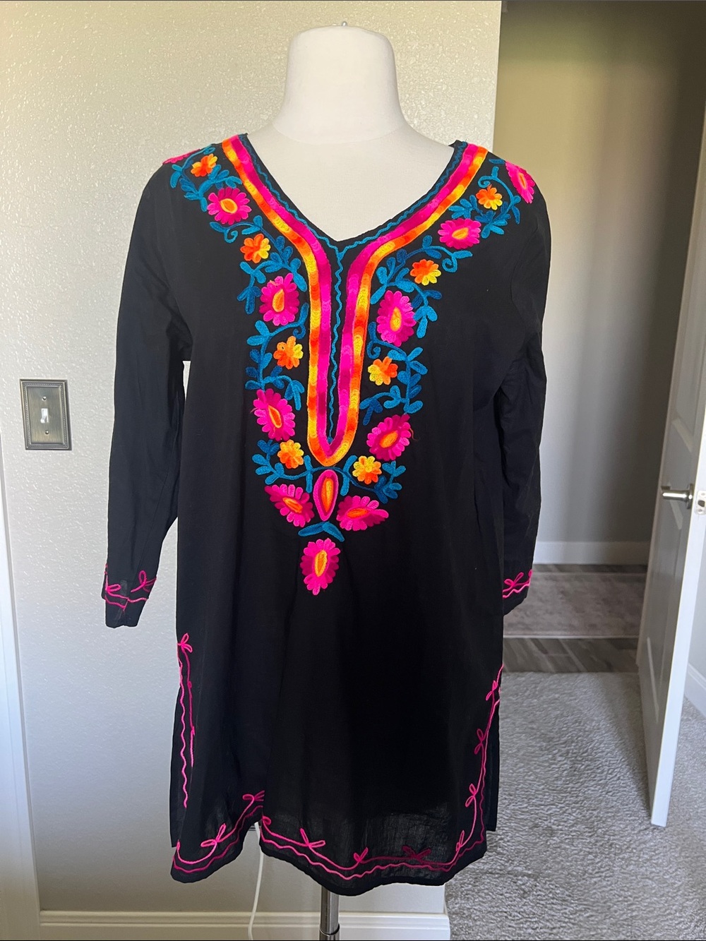 Black Embroidered V-Neck Tunic with Vibrant Floral Accents